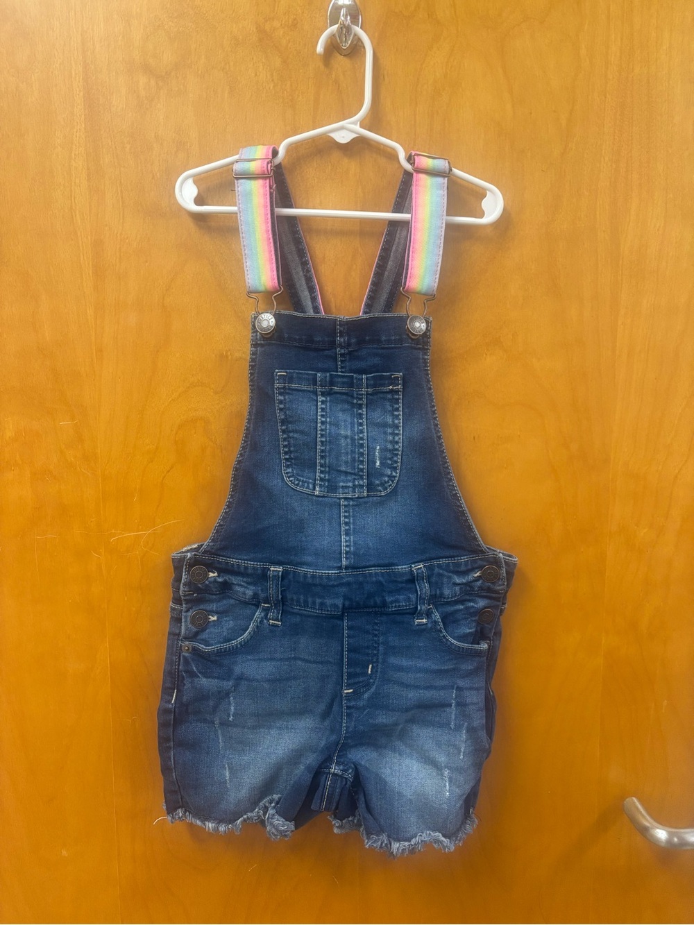 Justice Dark Blue Denim Short Overalls with Rainbow Straps